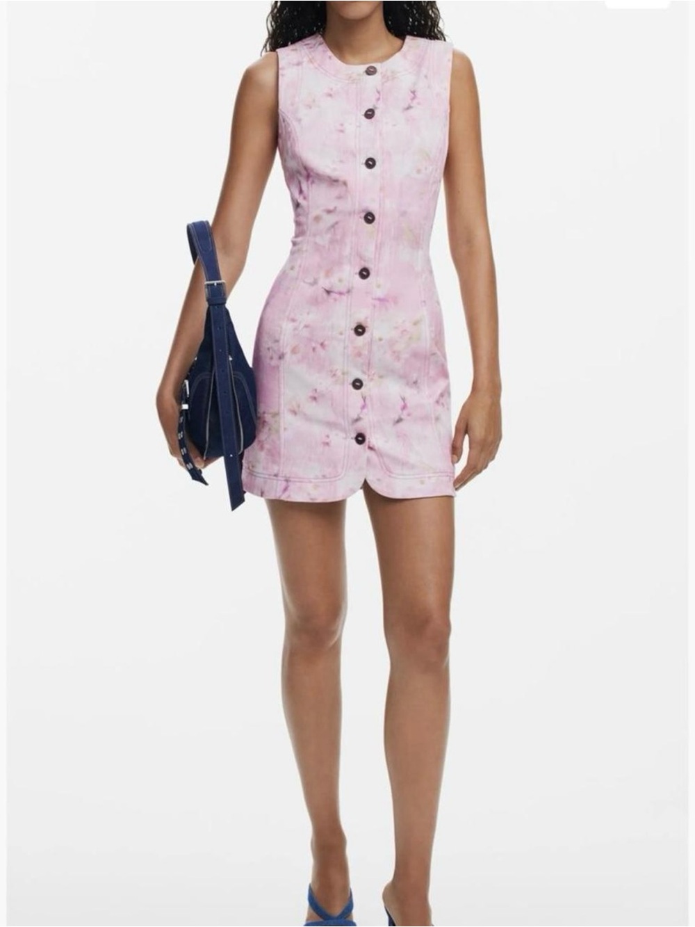 Desigual Floral Pink Sleeveless Button Front Sheath Mini Dress.